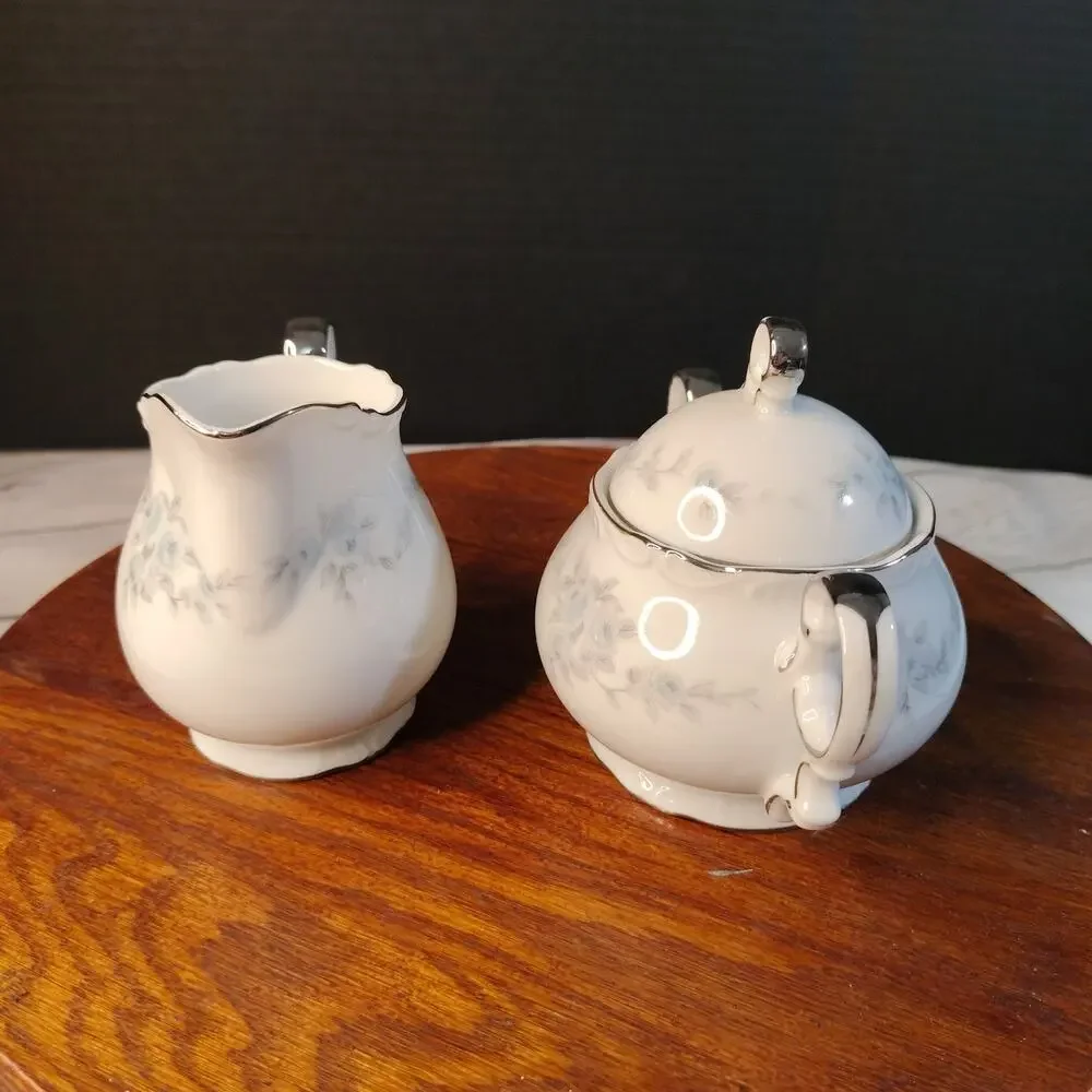 MIKASA Barbizon Pattern Sugar Bowl Dish w/ Lid & Creamer Blue Flowers Silver Rim